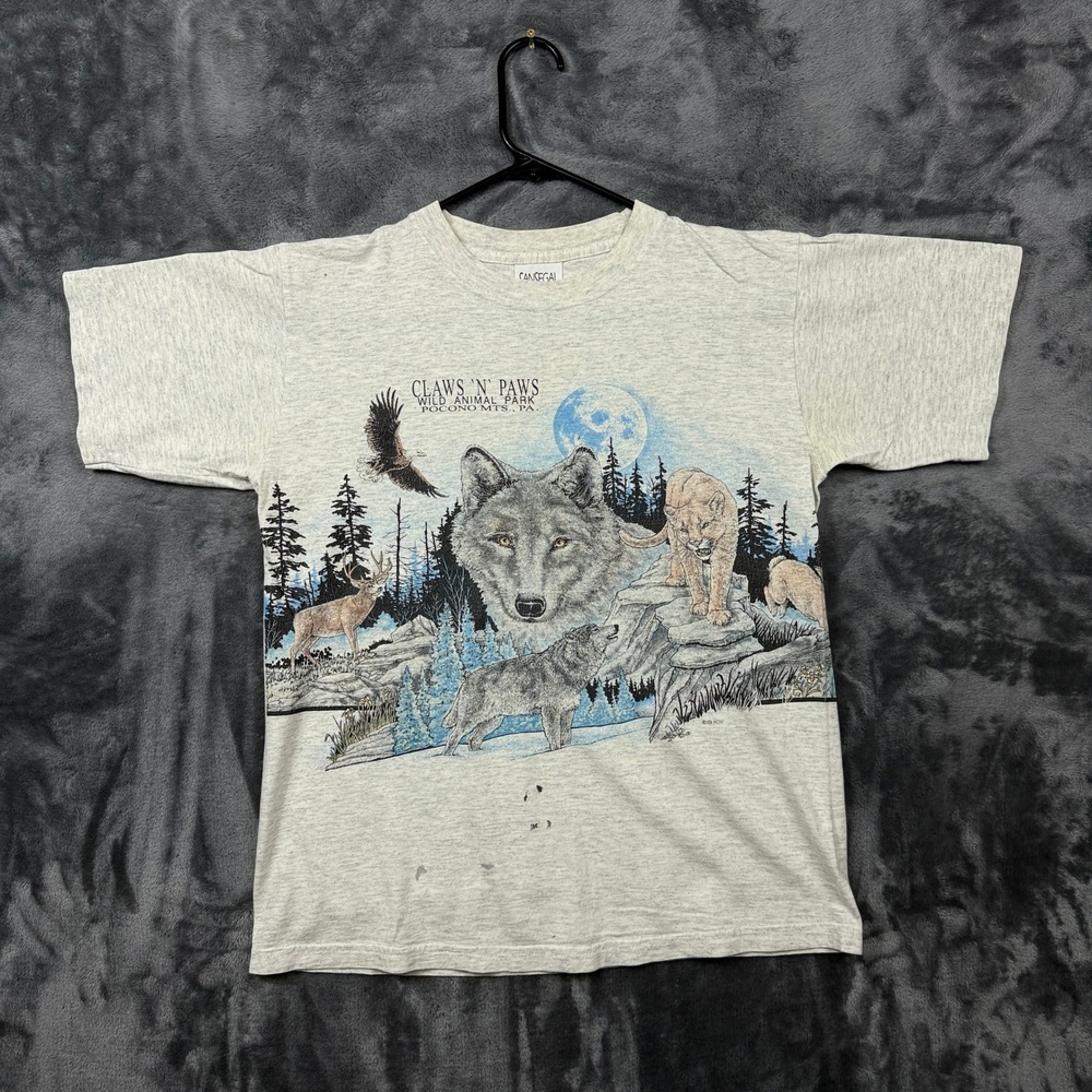 San Segal T-Shirt Mens Medium Gray Good Vintage Claws N Paws Wolf Nature Graphic